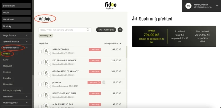 Export z Fidoo nad seznamem výdajů 