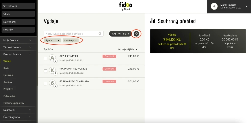 Nad vyfiltrovaným seznamem Výdajů zvolte volbu „Export“
