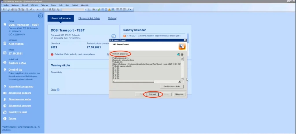 Po dokončení importu se nám zobrazí výsledná zpráva o tom, jak import dopadl. Potvrdíme tlačítkem „Dokončit“.