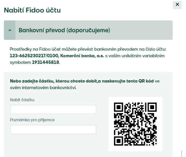 Zadejte částku, případně poznámku, načtěte QR kód a autorizujte platbu u vaší bank
