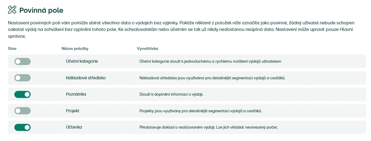 Nastavení povinných polí