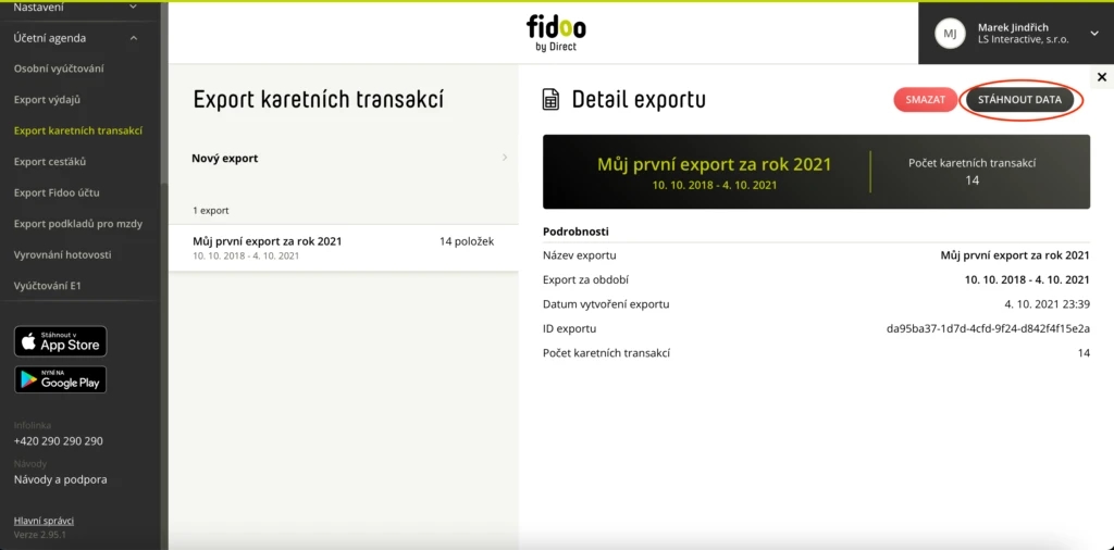 Ve vytvořeném exportu zvolte černé tlačítko Stáhnout data.