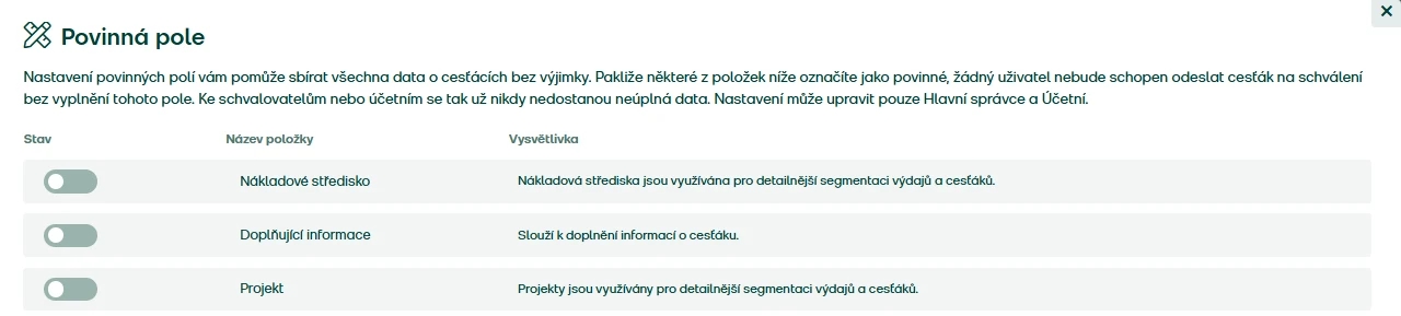 Zapněte nebo vypněte jednotlivá pole