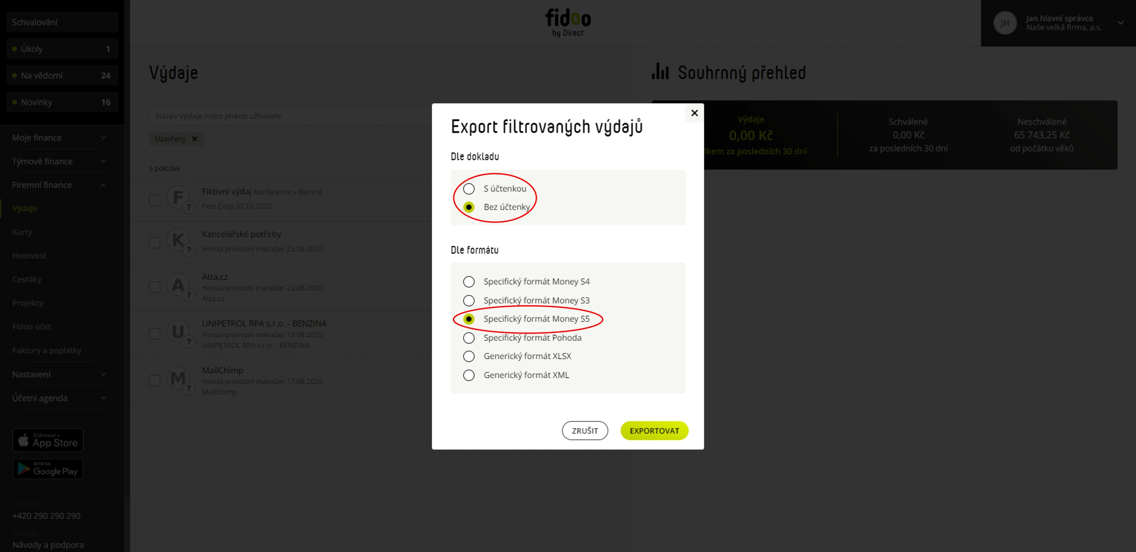 Vyberte formát a exportujte