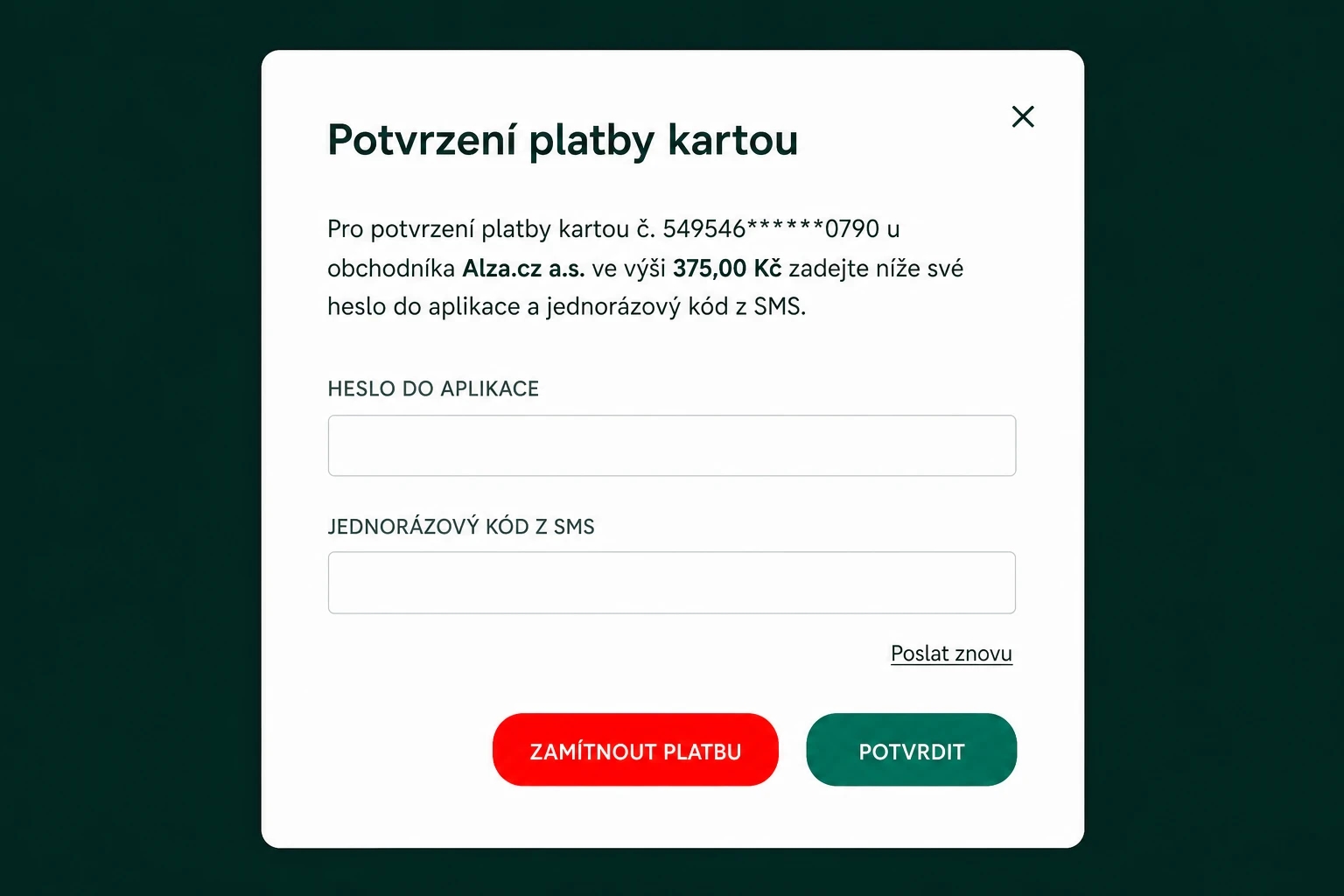 Zadejte heslo a kód z SMS