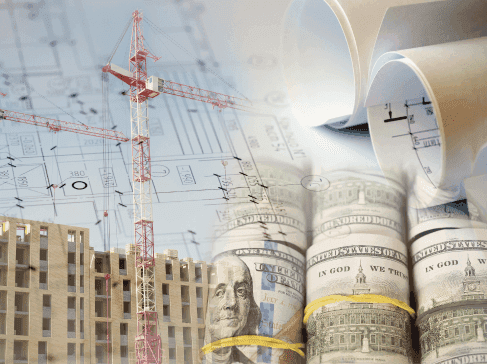 Jerab pred rozestavenym bytovym domem a srolovane bankovky