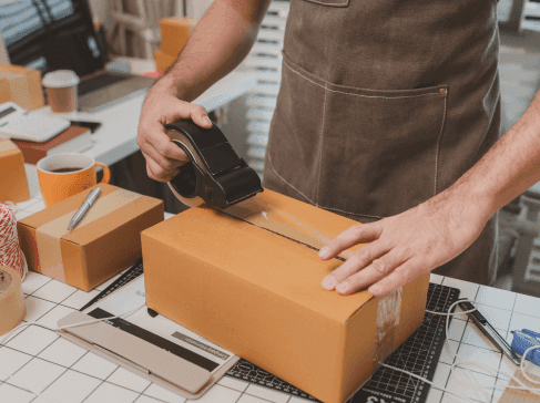 Muž v pracovní zástěře lepí izolepou kartonovou krabici