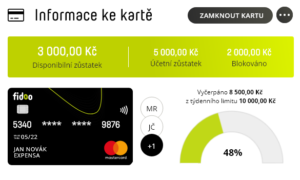 Zobrazení informací k platební kartě ve Fidoo aplikaci